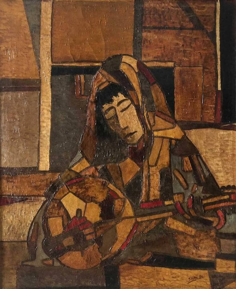 Femme au banjo Artists Mostafa SBAI Painting Fabled Gallery https://fabledgallery.art/product/composition/