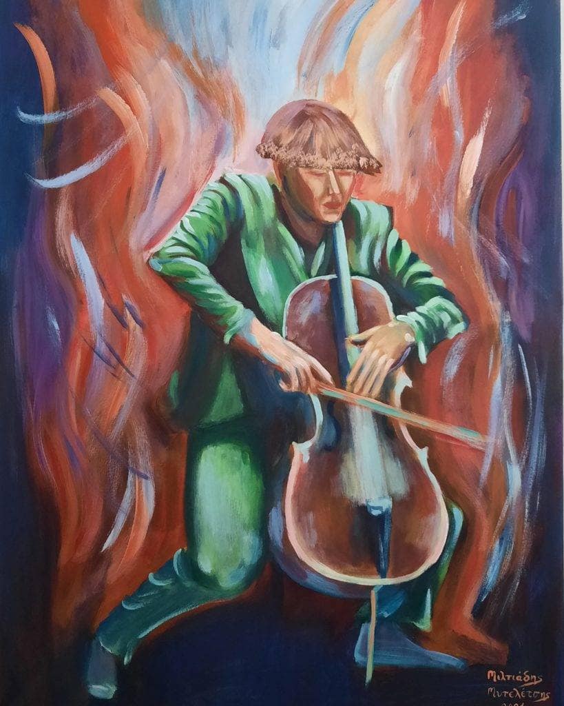Man playing Violoncello / Artists Miltiadis Myteletsis Painting Fabled Gallery https://fabledgallery.art/product/lady-is-dancing/